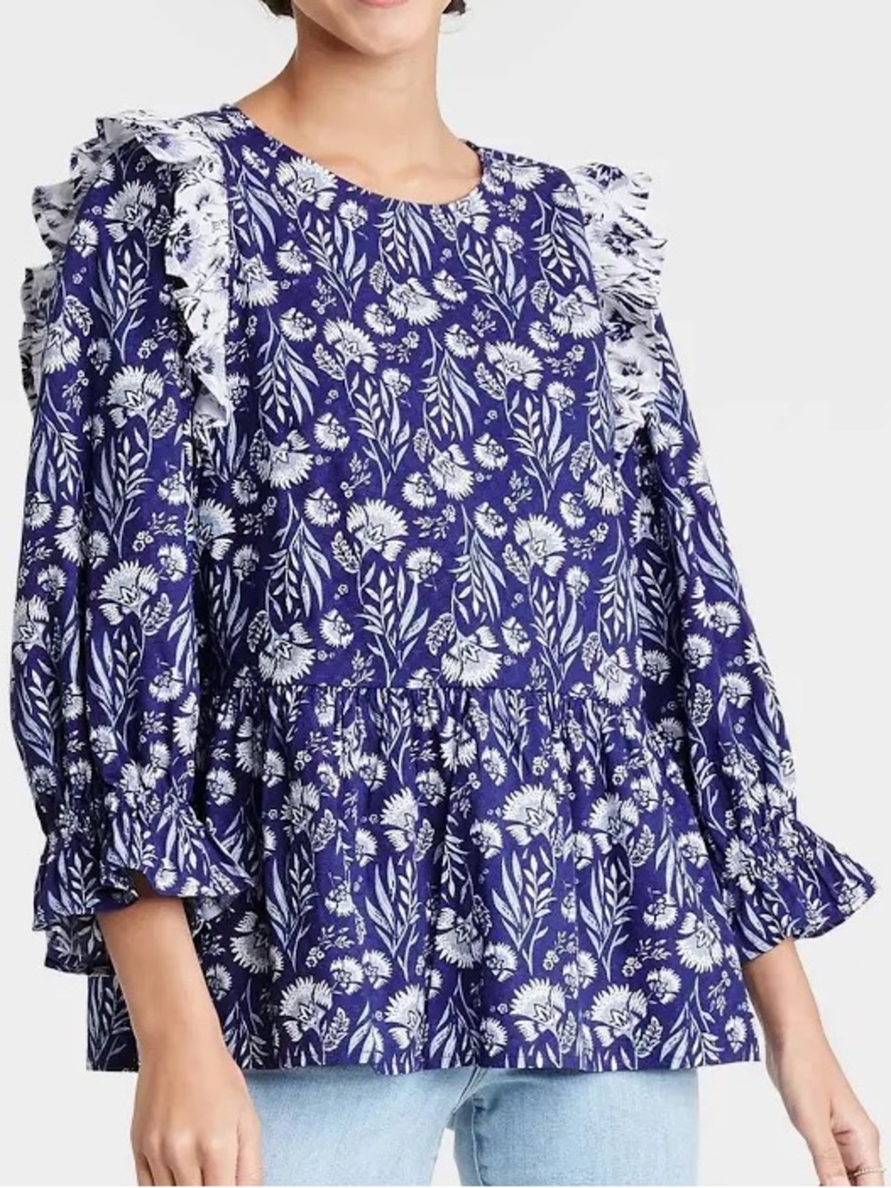 Universal Thread Blue and White Floral Ruffle Peplum Tunic